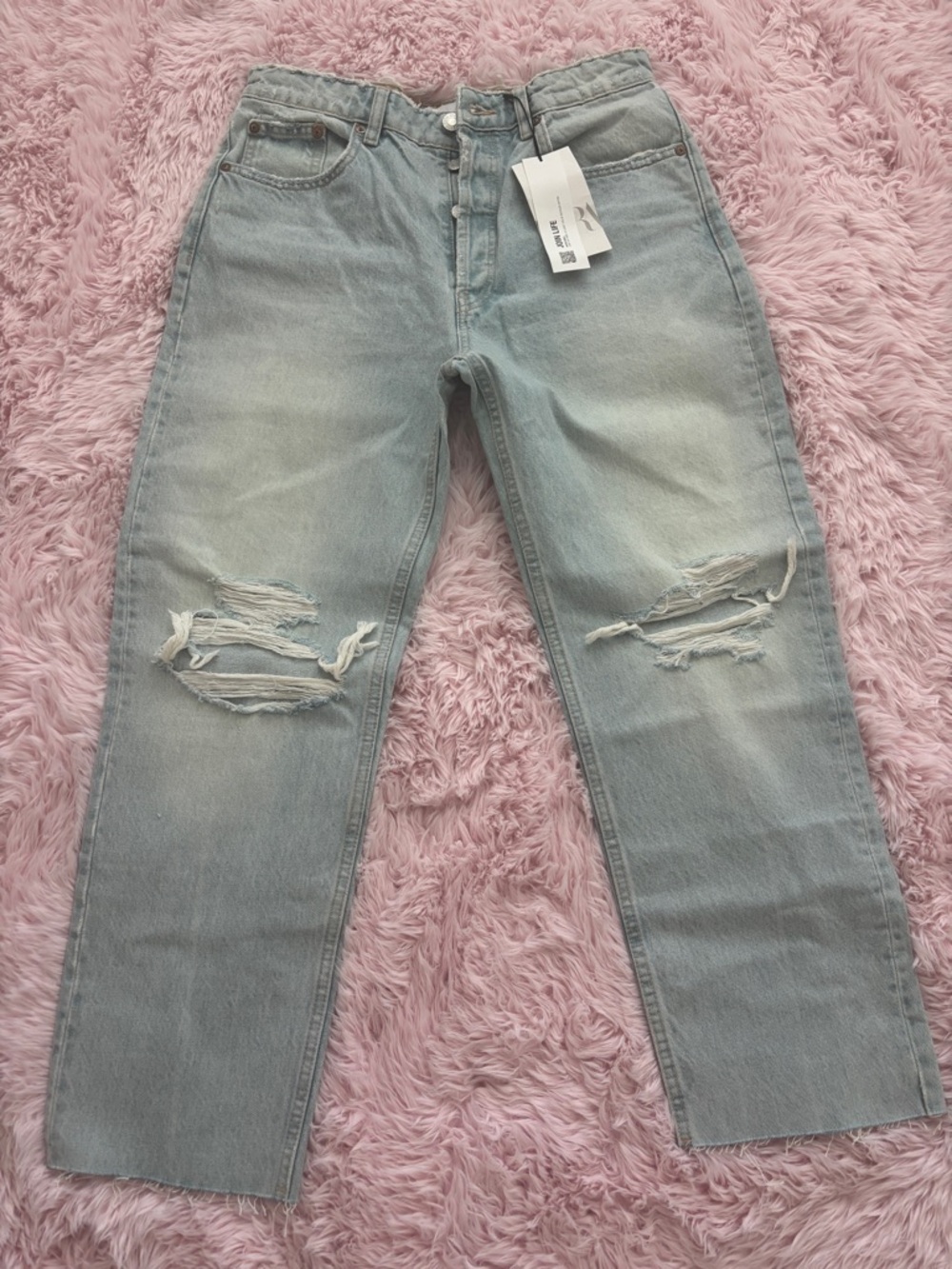 Zara Light Blue Straight Leg Ripped Jeans